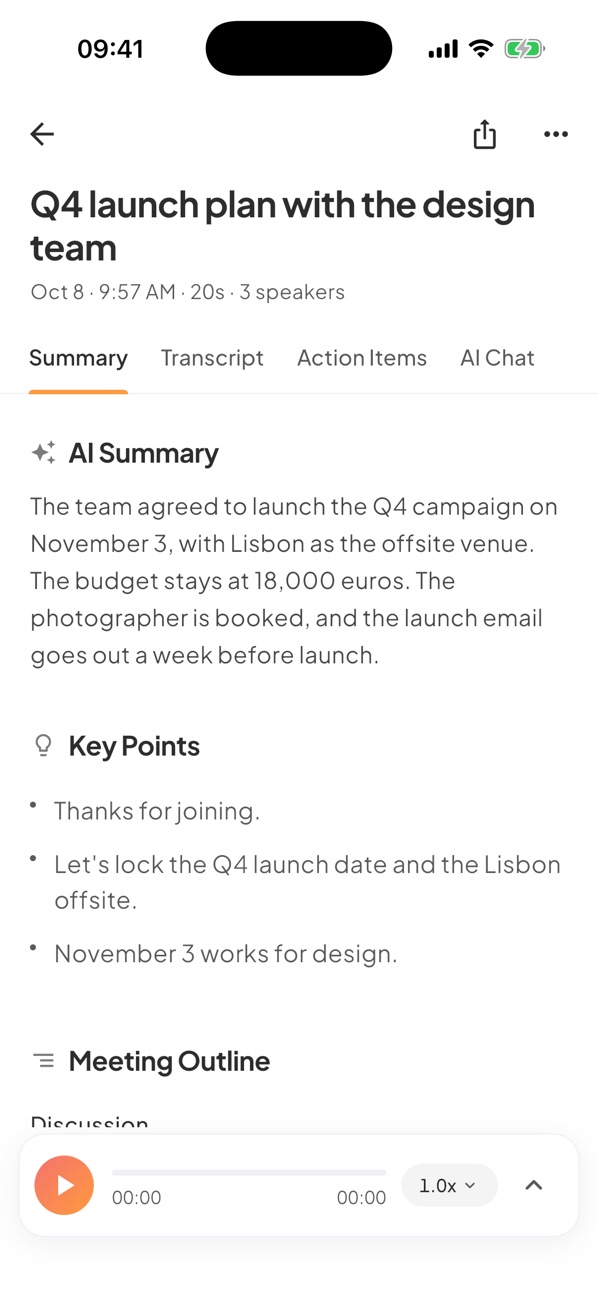The Allnote iPhone app showing a meeting summary